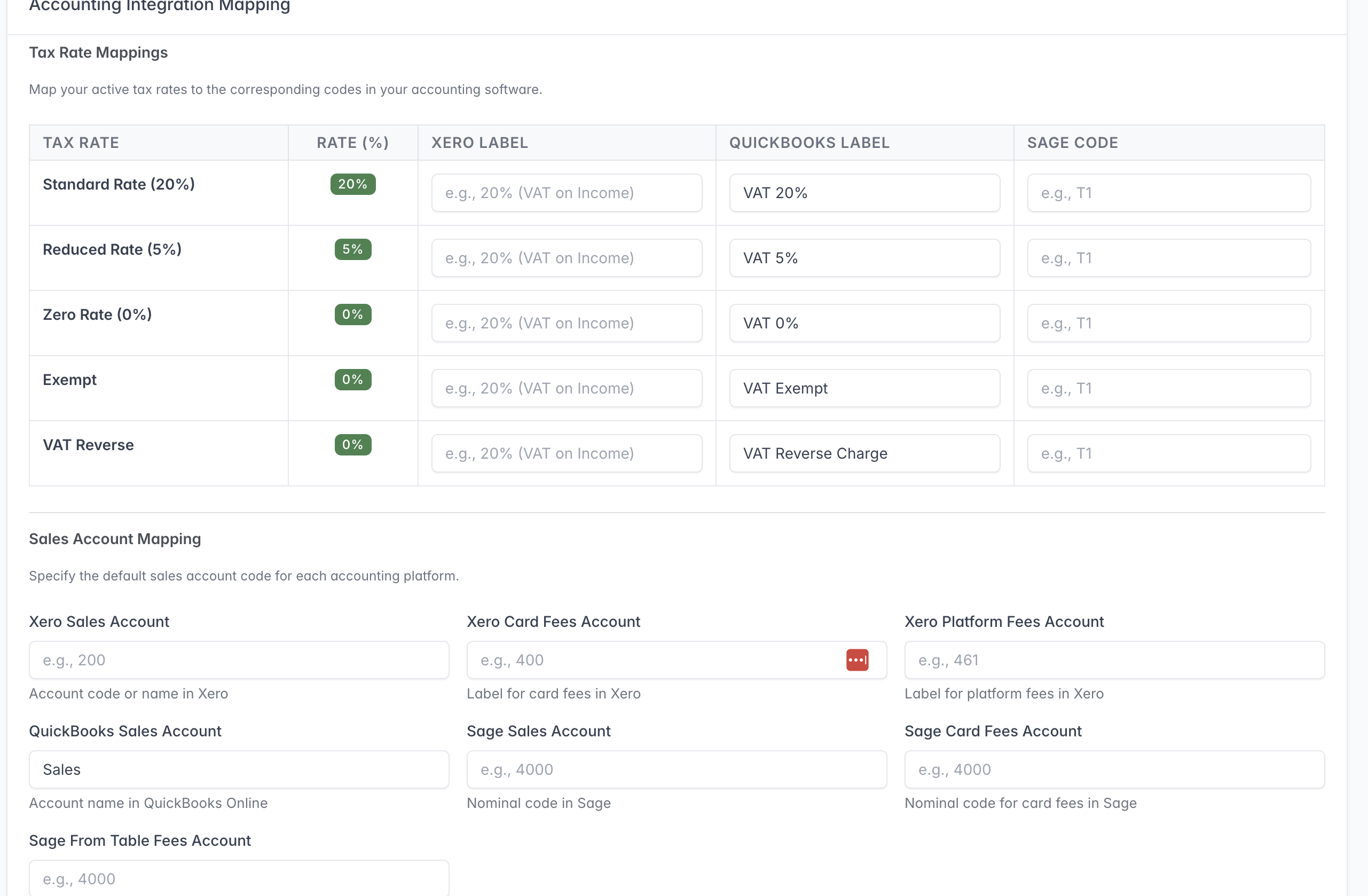Accounting Settings showing tax mappings for supported accounting platforms.