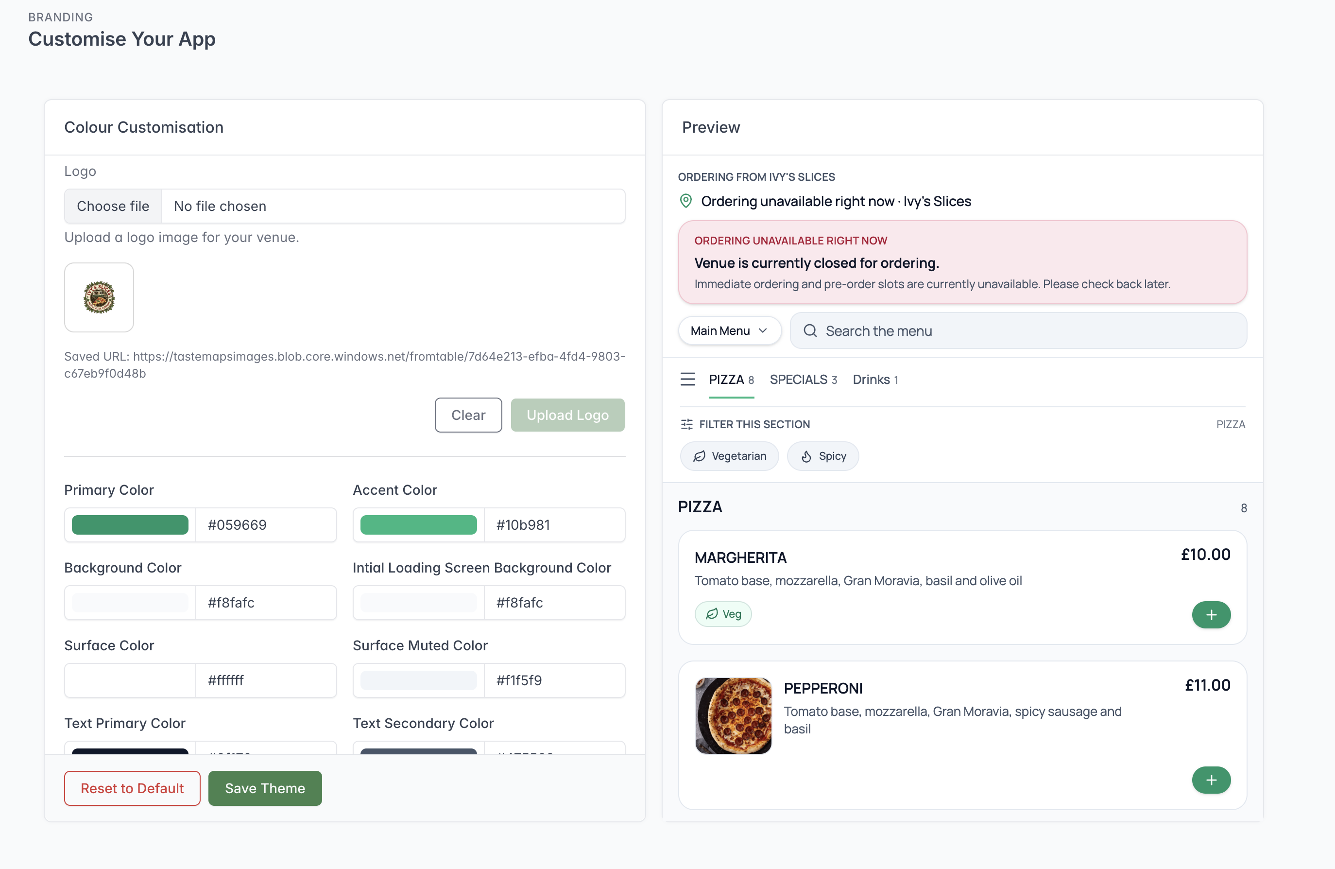 Branding Settings showing logo and colour controls beside a preview of the customer ordering site.
