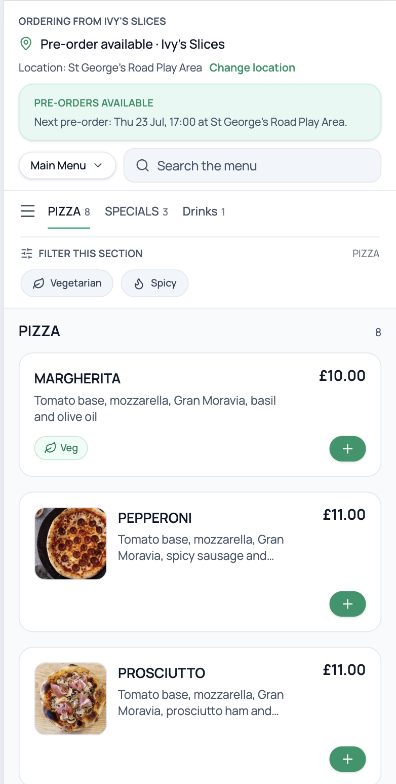 Customer ordering site on a phone using the saved logo and brand colours.