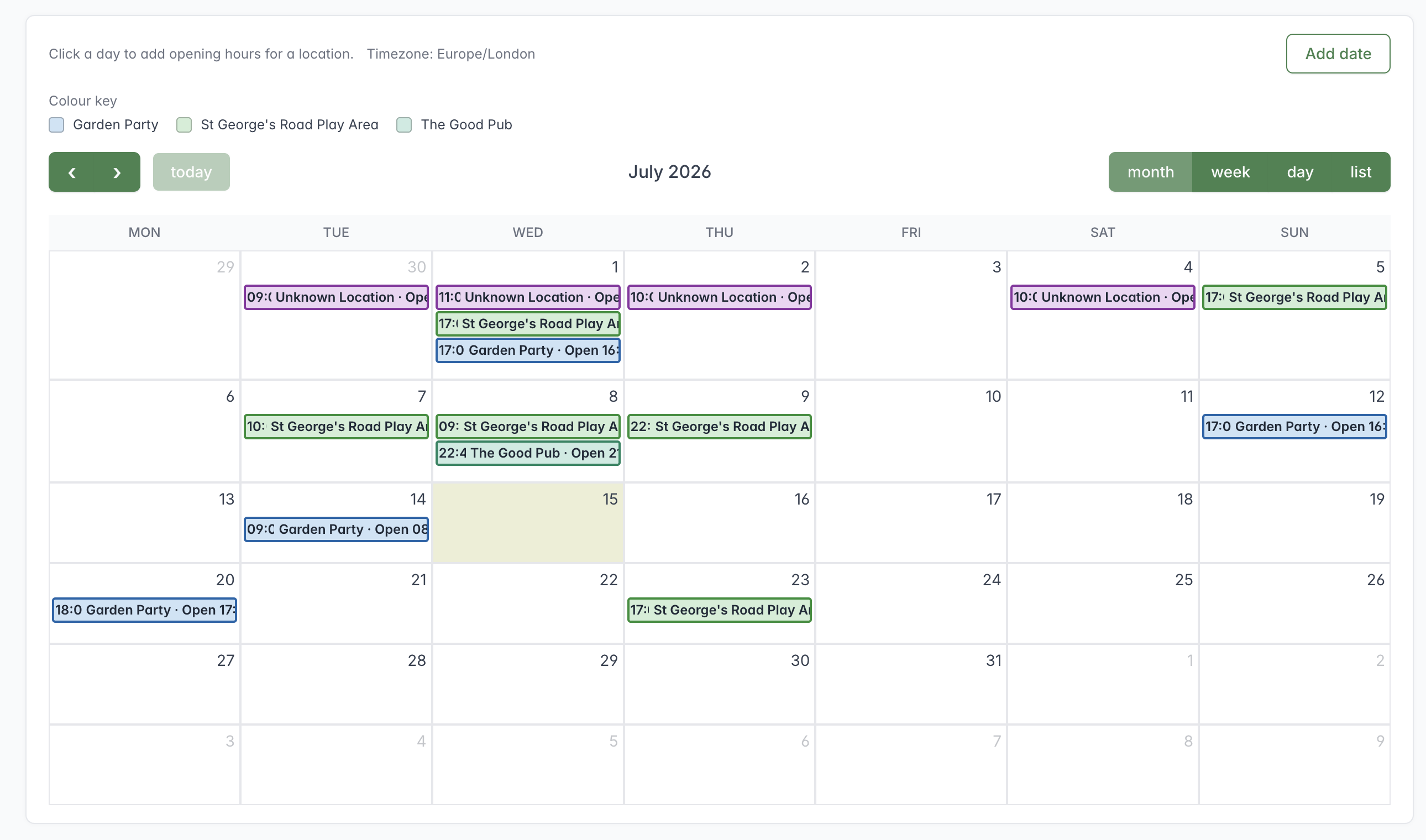 Calendar month view showing scheduled opening dates for several Locations, a colour key and view controls.