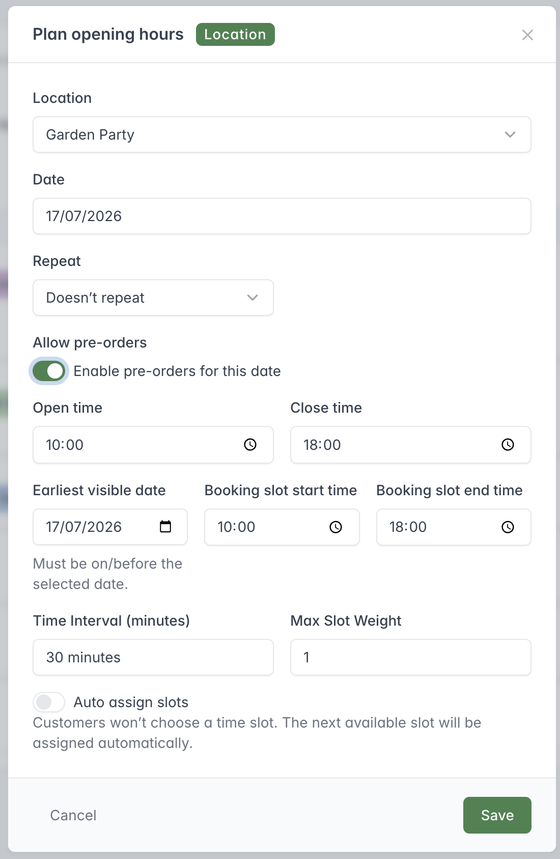 Plan opening hours window showing the Location, date, repeat setting, pre-orders, opening times and collection-slot settings.