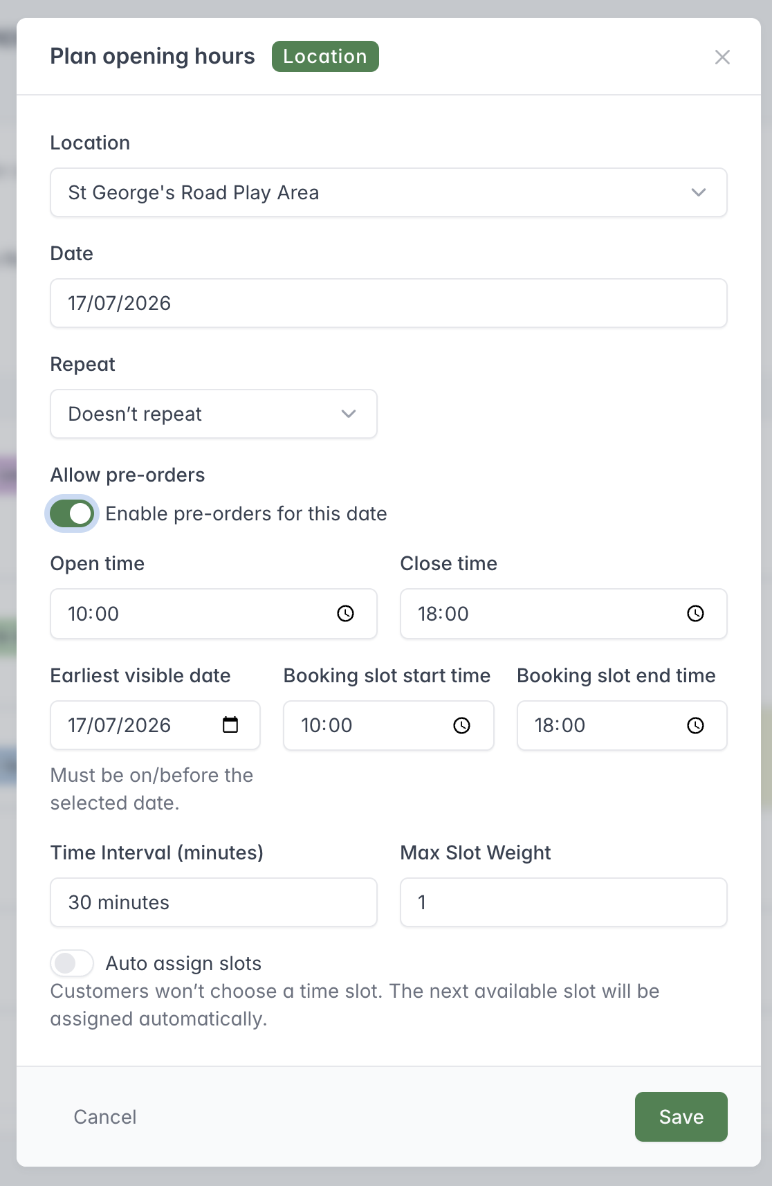 Plan opening hours form showing the Location, date, pre-order setting, opening times and collection-slot configuration.