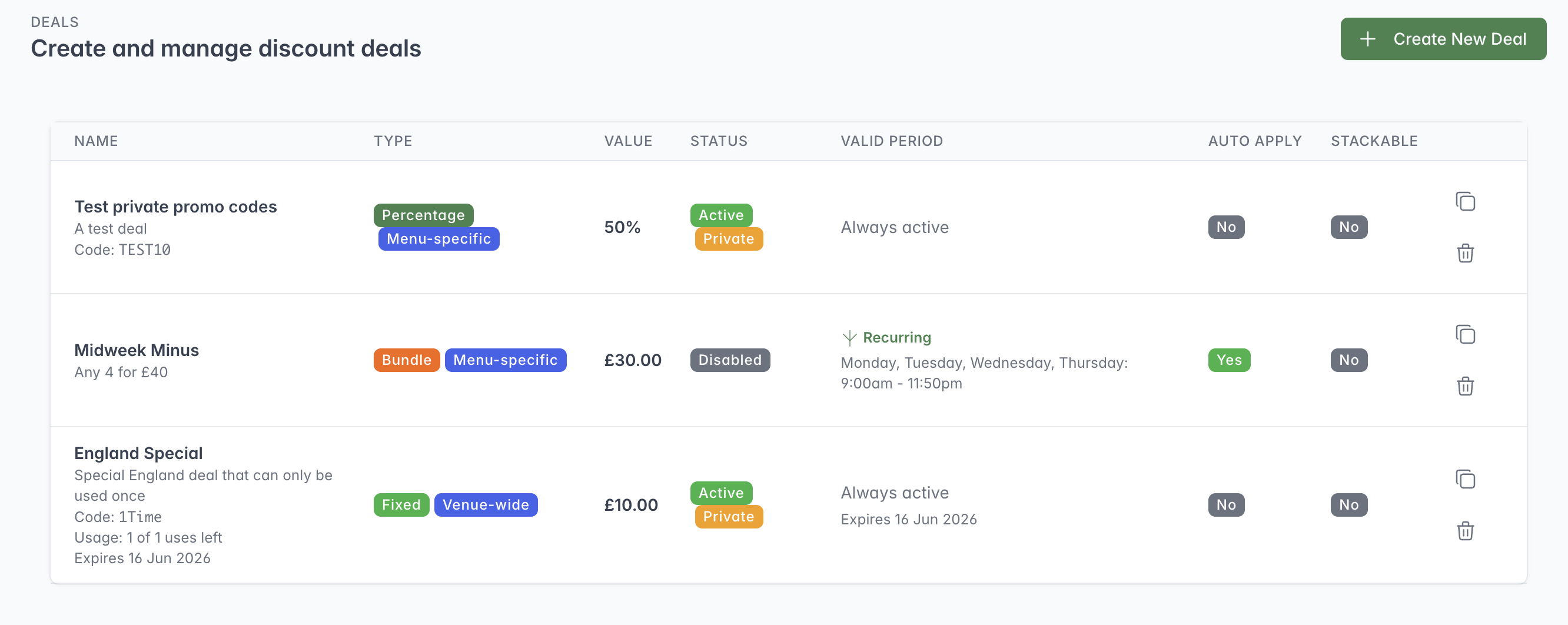 Deals page showing percentage, bundle and fixed deals with scope, value, status, schedule, Auto Apply and Stackable details.