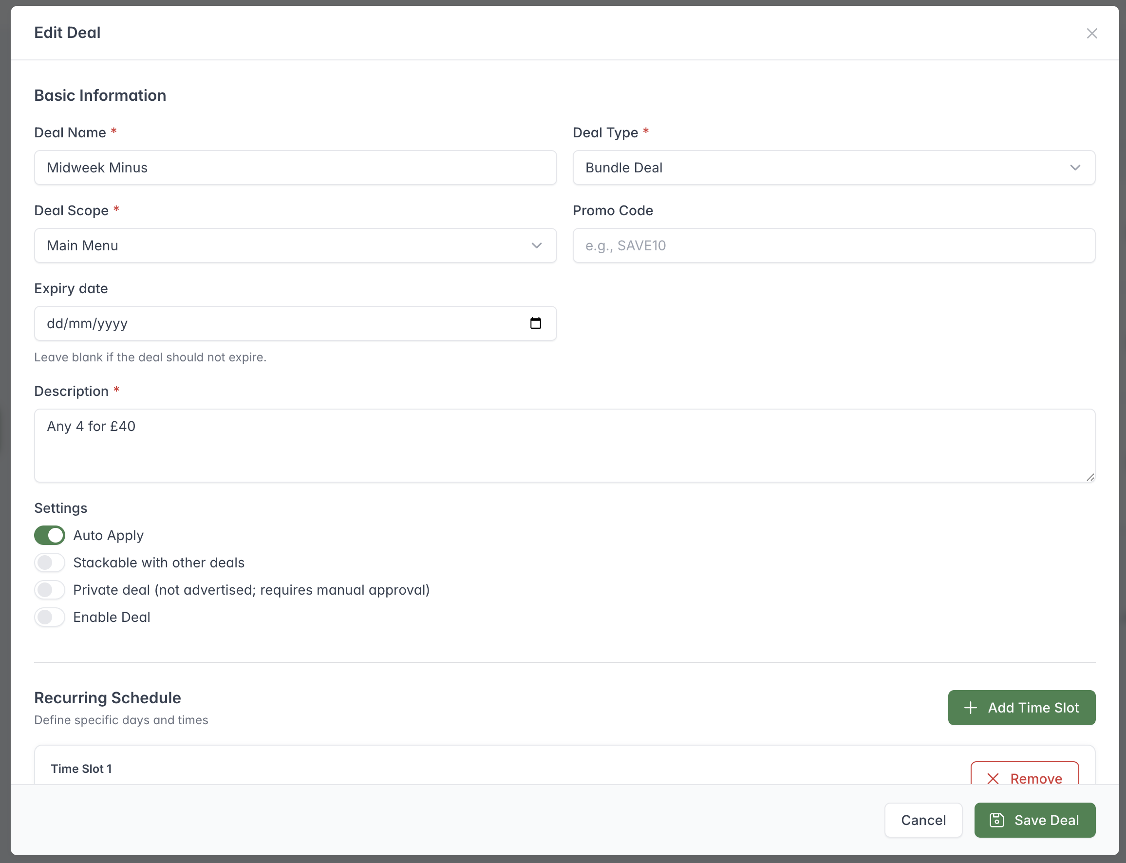 Edit Deal window showing its name, bundle type, menu scope, description, application settings and recurring schedule.