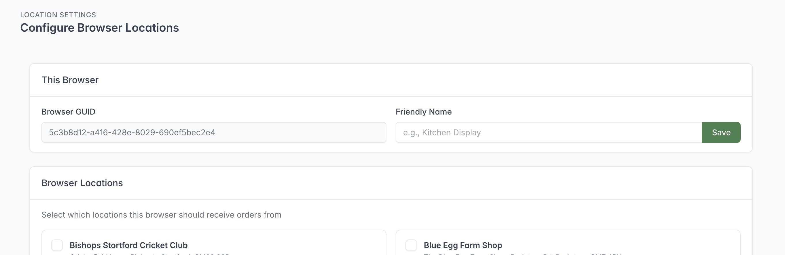 Configure Browser Locations showing the current browser identifier, friendly-name field and Location assignments.
