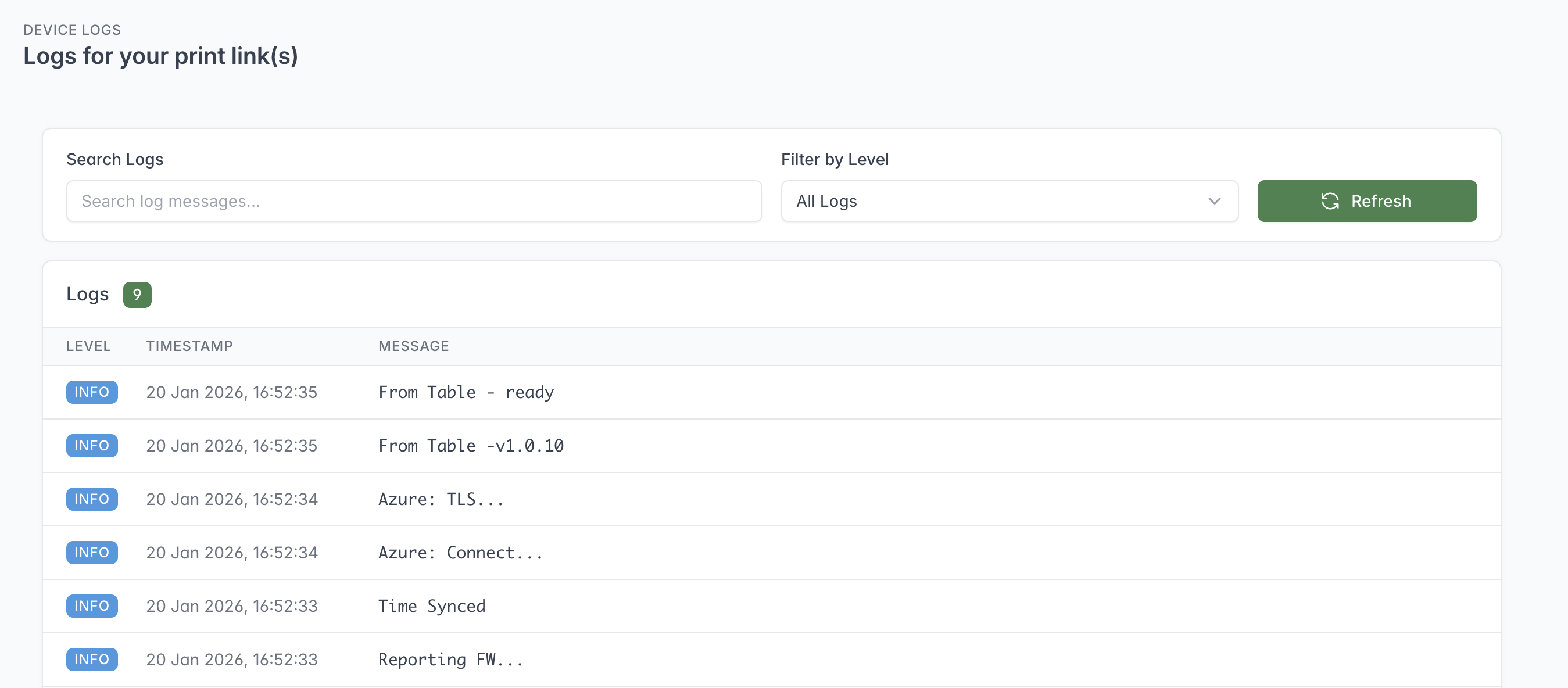 Device Logs showing search, level filtering, refresh and timestamped Print Link messages.