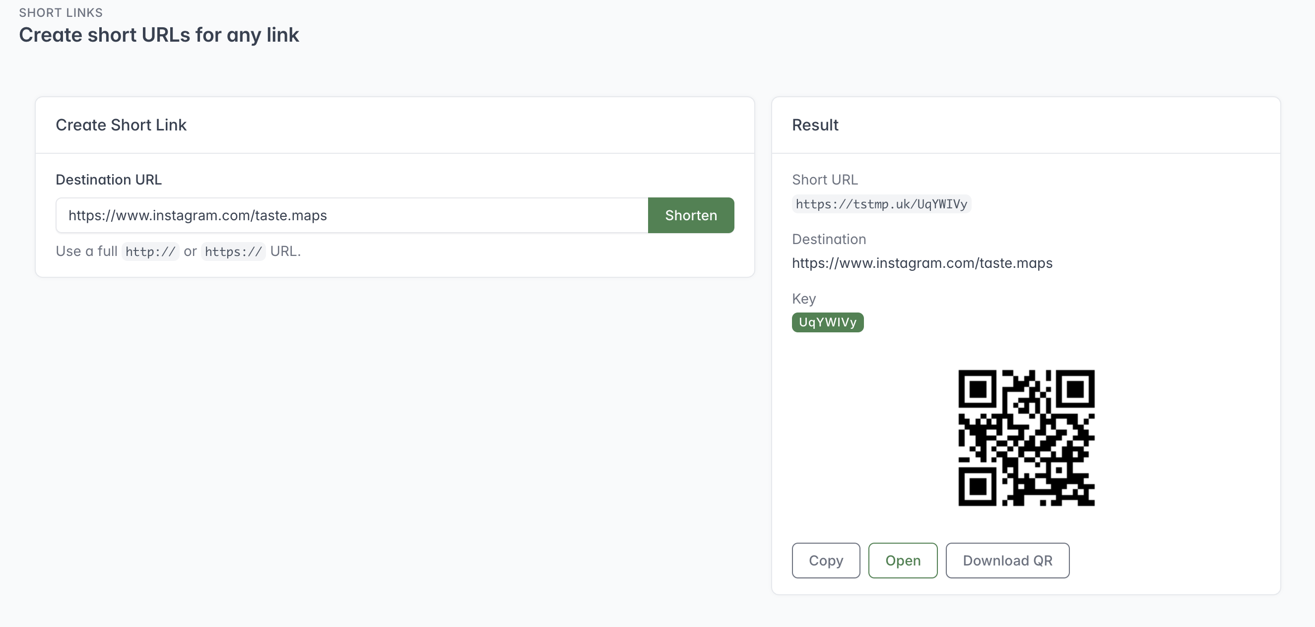 Short Links page showing a destination URL and the generated short URL, QR code, Copy, Open and Download QR actions.