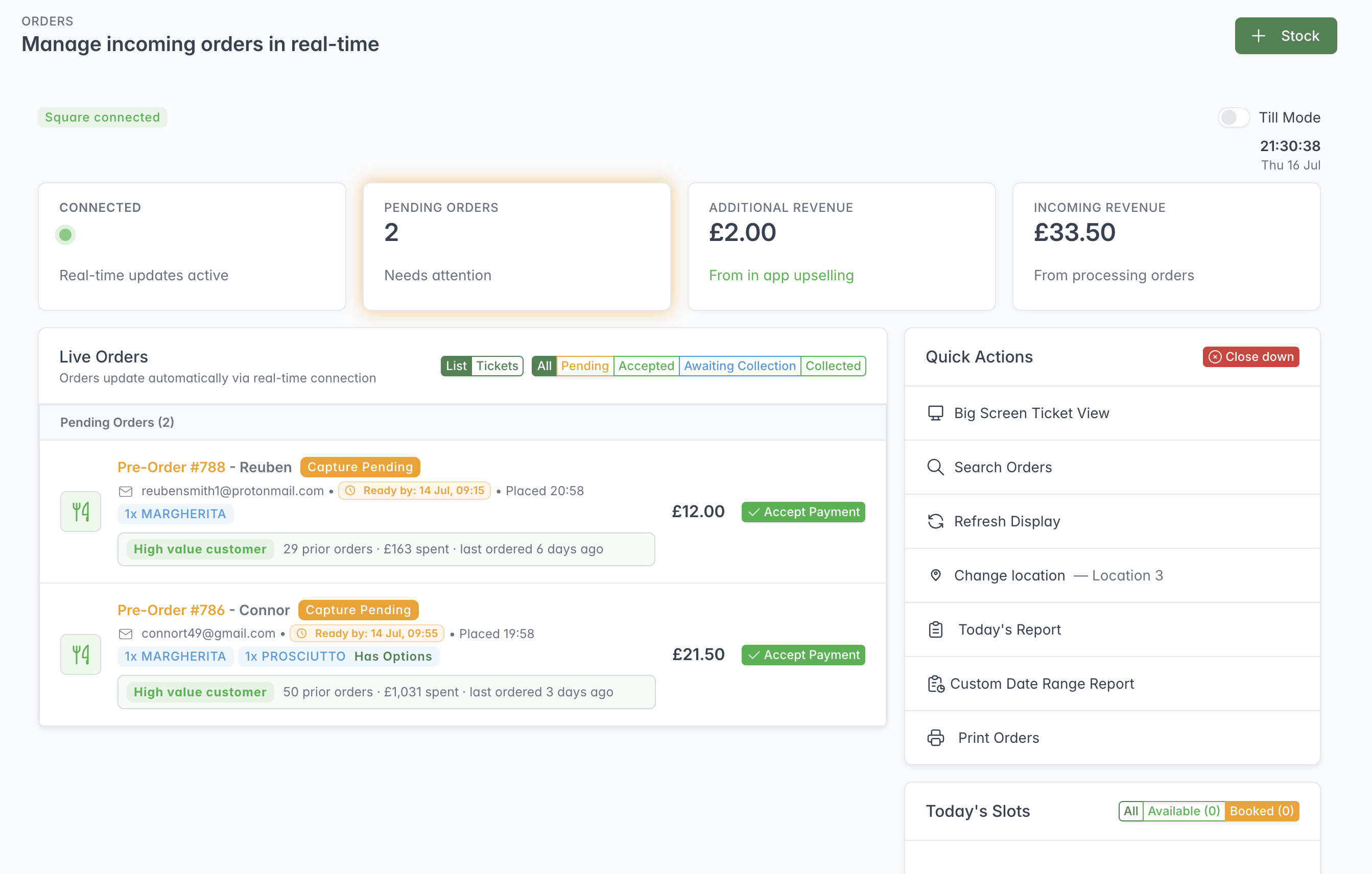 Live Orders showing connection status, pending orders, revenue summaries, order filters and Quick Actions.