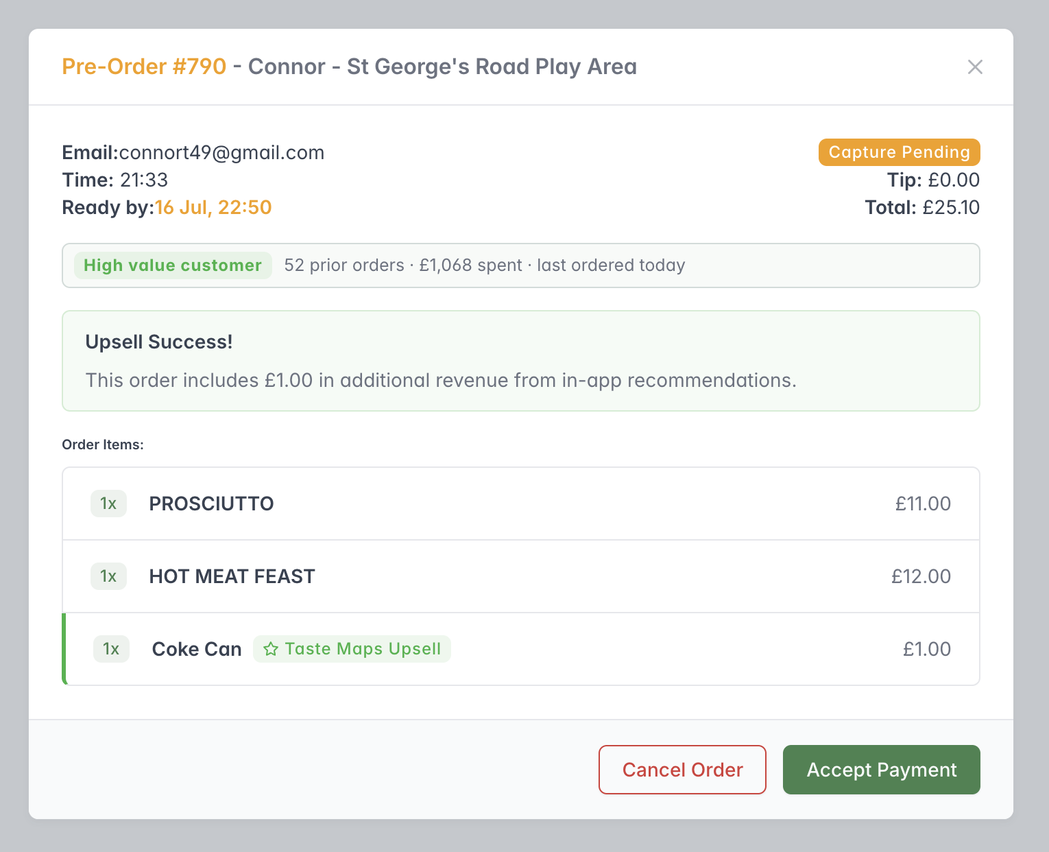 Order details showing the customer, collection time, payment status, order items, upsell revenue, total and available actions.