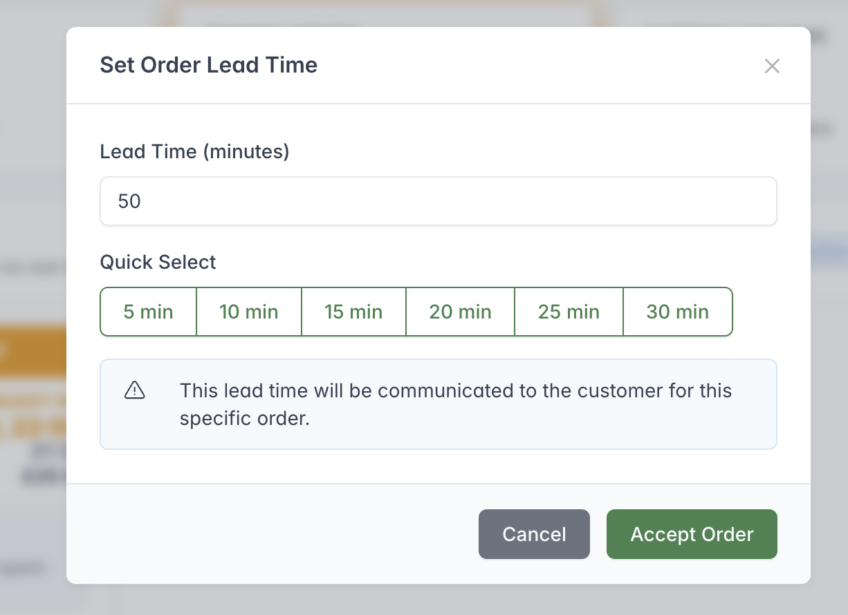 Set Order Lead Time window showing a custom lead time, quick-select values and the Accept Order action.