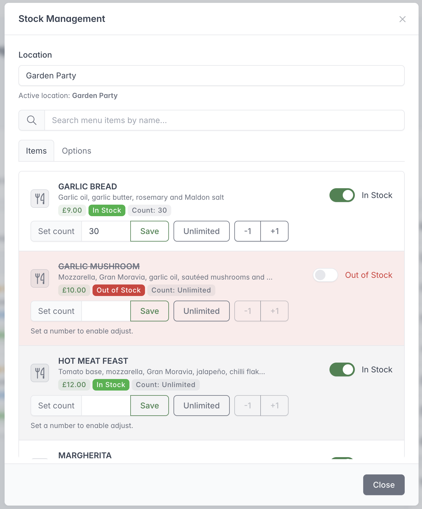 Stock Management on Live Orders showing item search, availability switches and limited and unlimited counts.