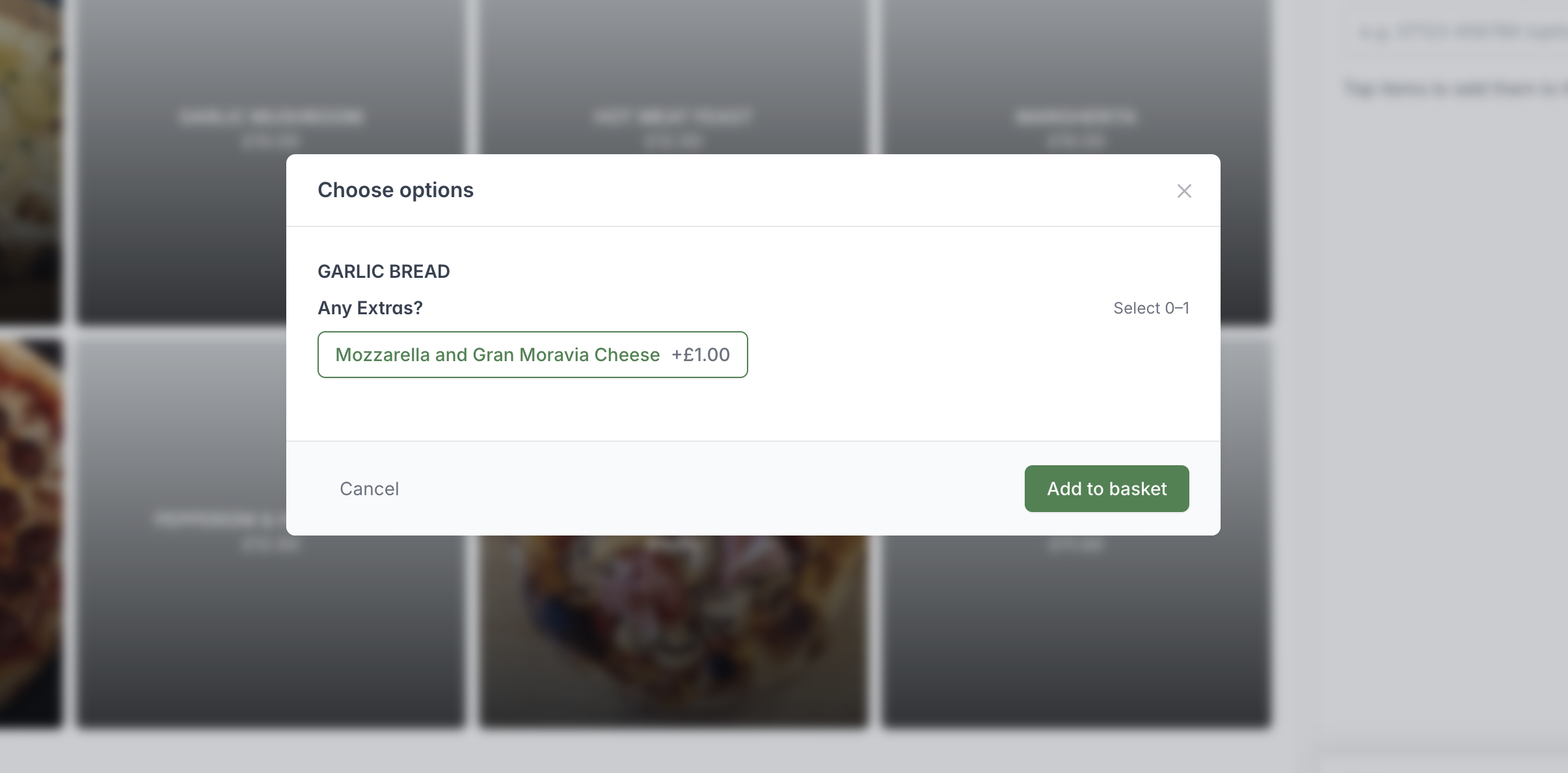 Choose options window showing an optional extra, its additional price and the Add to basket action.