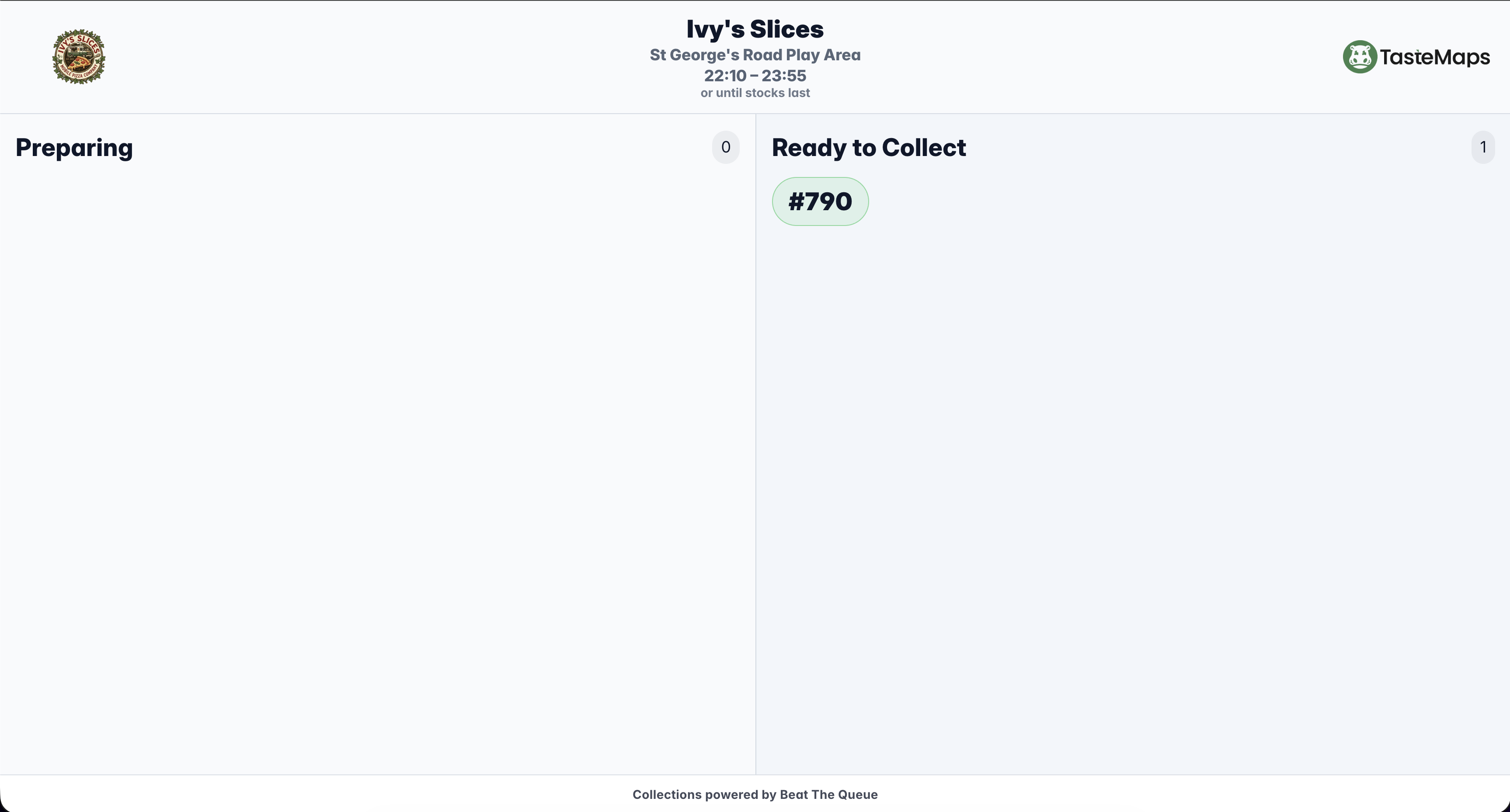 Customer collection screen showing separate Preparing and Ready to Collect columns with an order number.