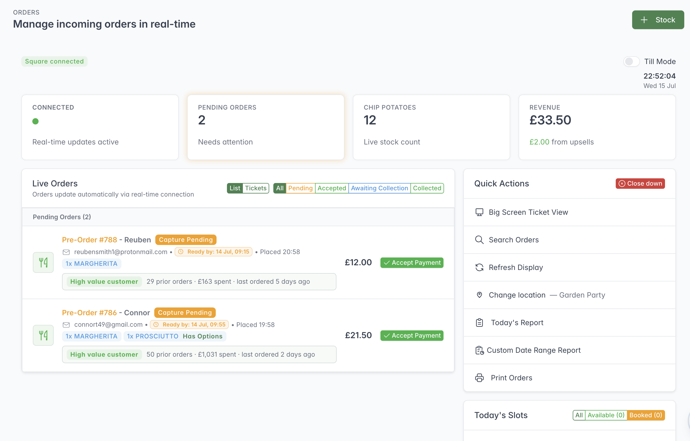 Live Orders showing a stock pool and its current count in a summary card at the top of the page.