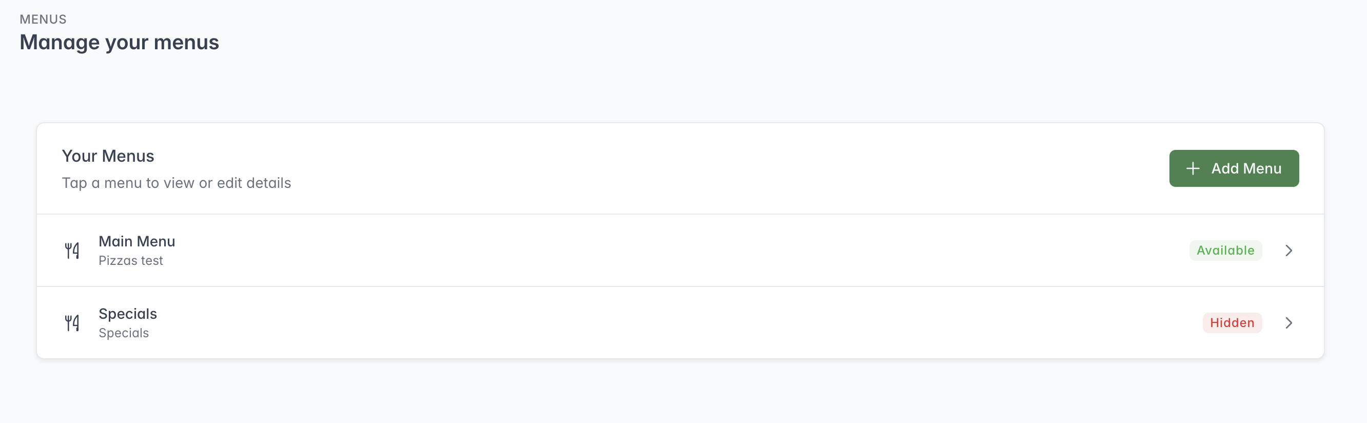 Manage your menus page showing the Add Menu button and menus with Available and Hidden statuses.
