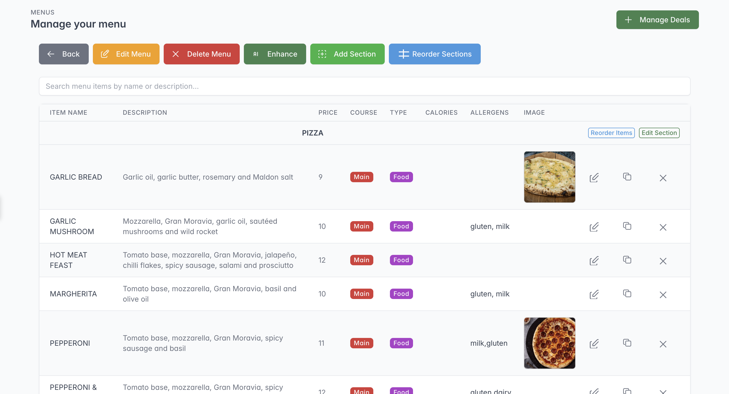 Manage your menu page showing a section, menu items, prices, images, allergens and management controls.