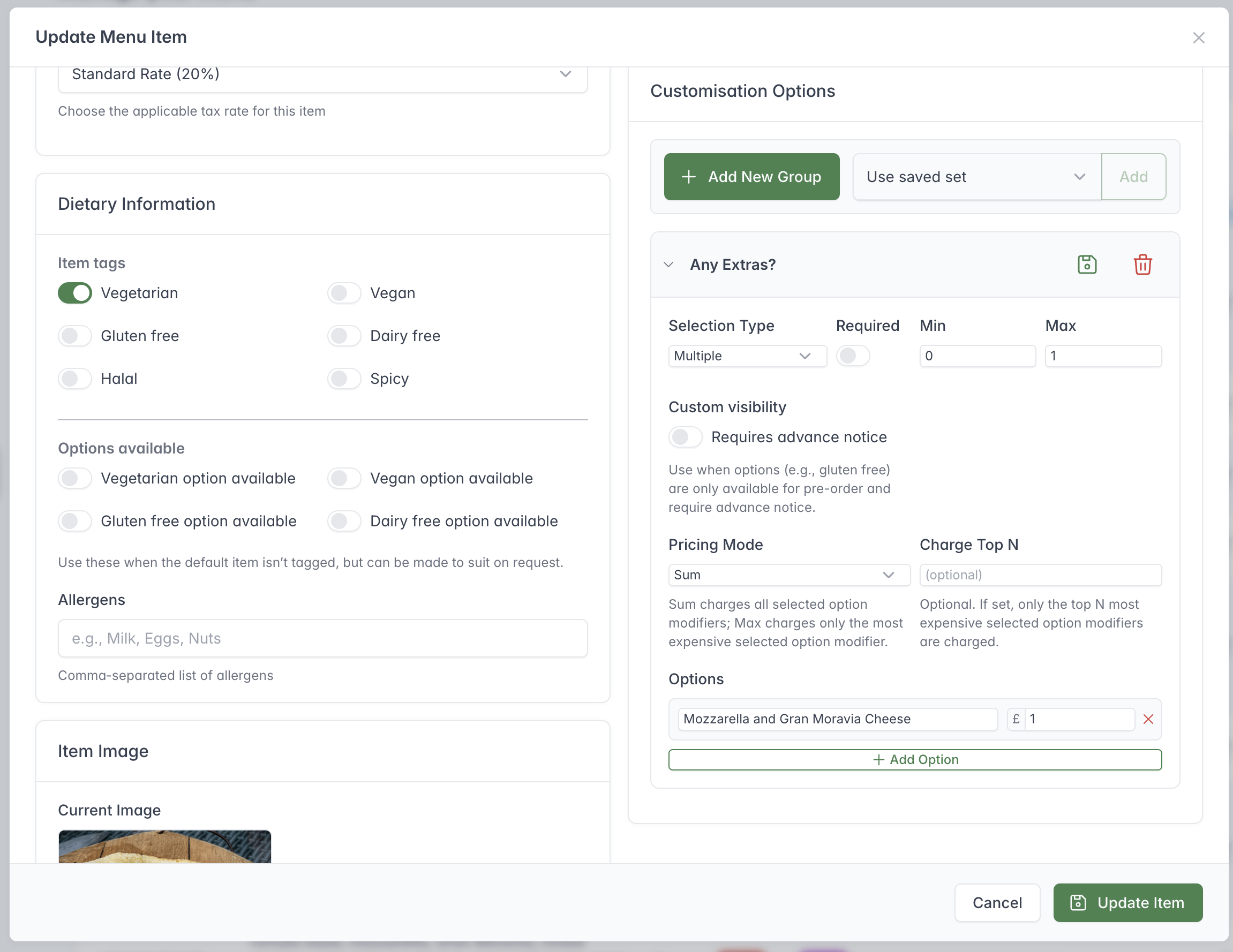 Customisation Options showing a multiple-selection extras group, selection limits, pricing mode and a priced option.