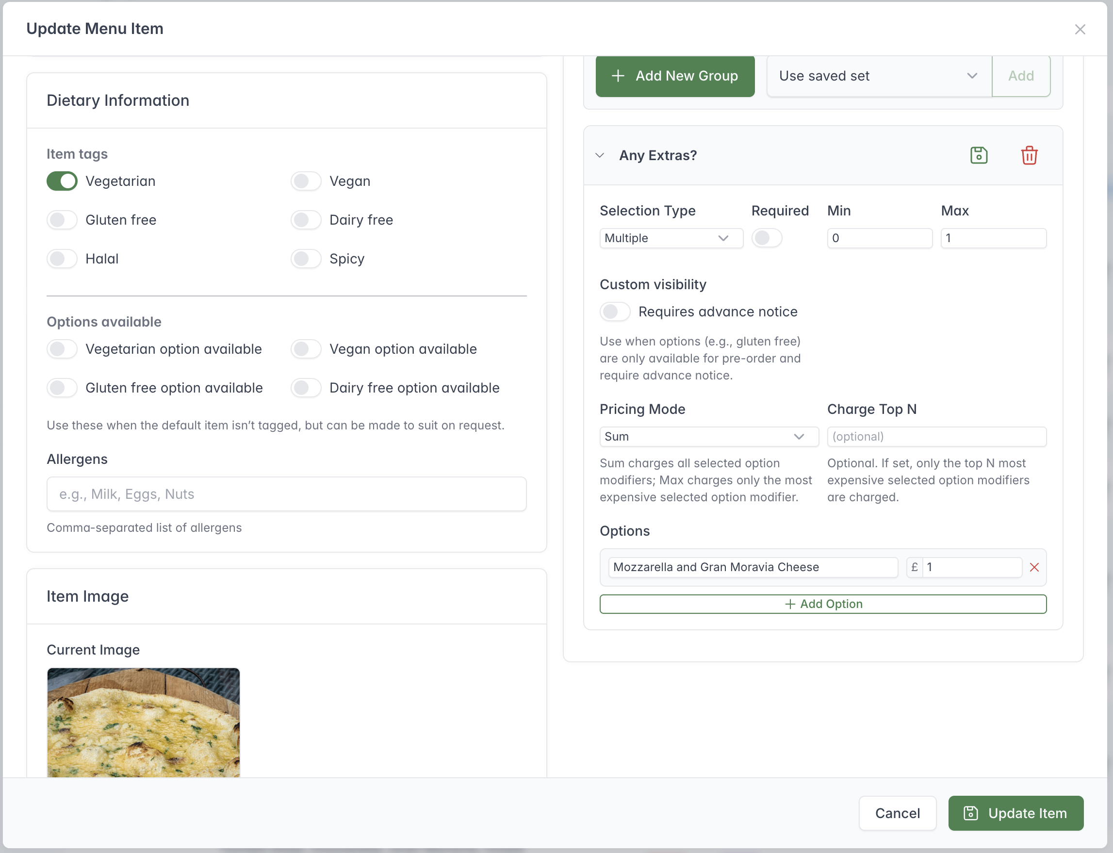 Update Menu Item window showing dietary tags, available dietary options, the allergen field and item image.