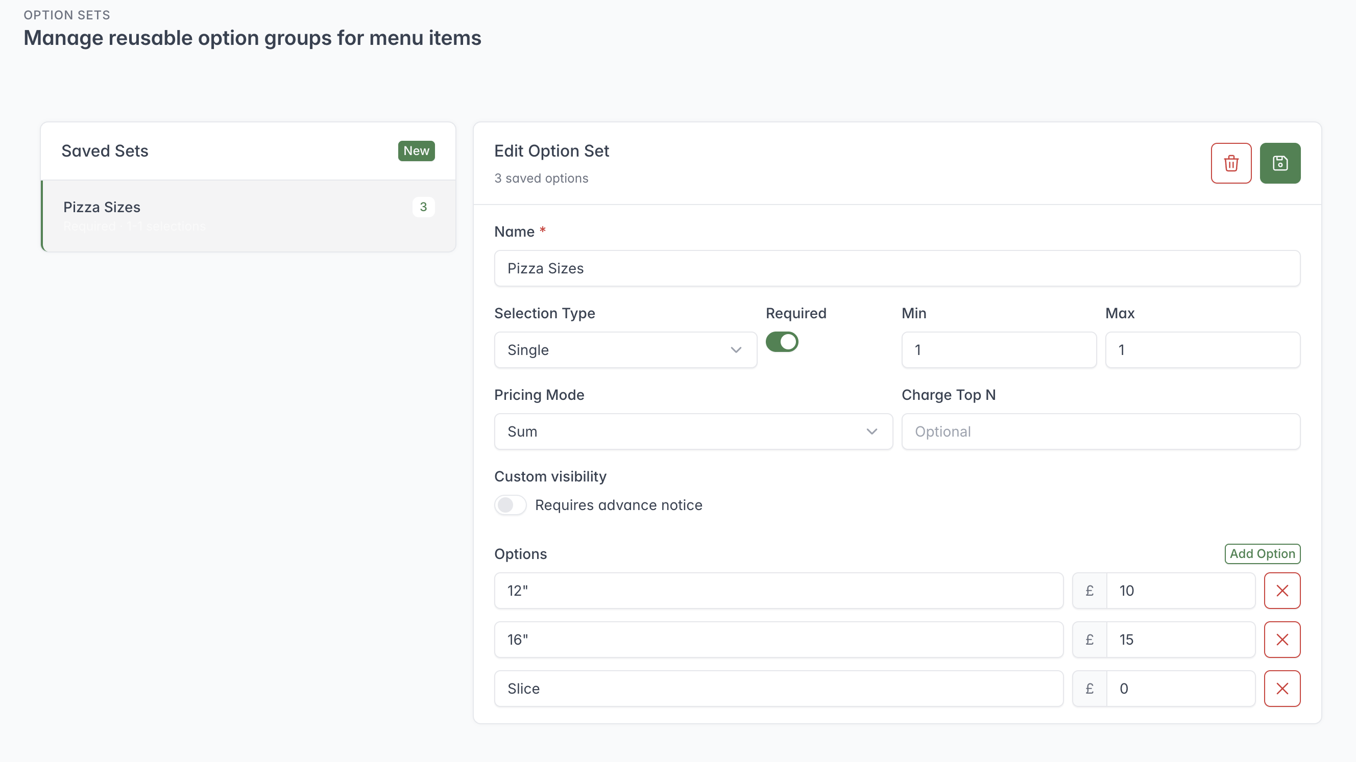 Option Sets page showing a saved Pizza Sizes set and its selection, pricing and option controls.