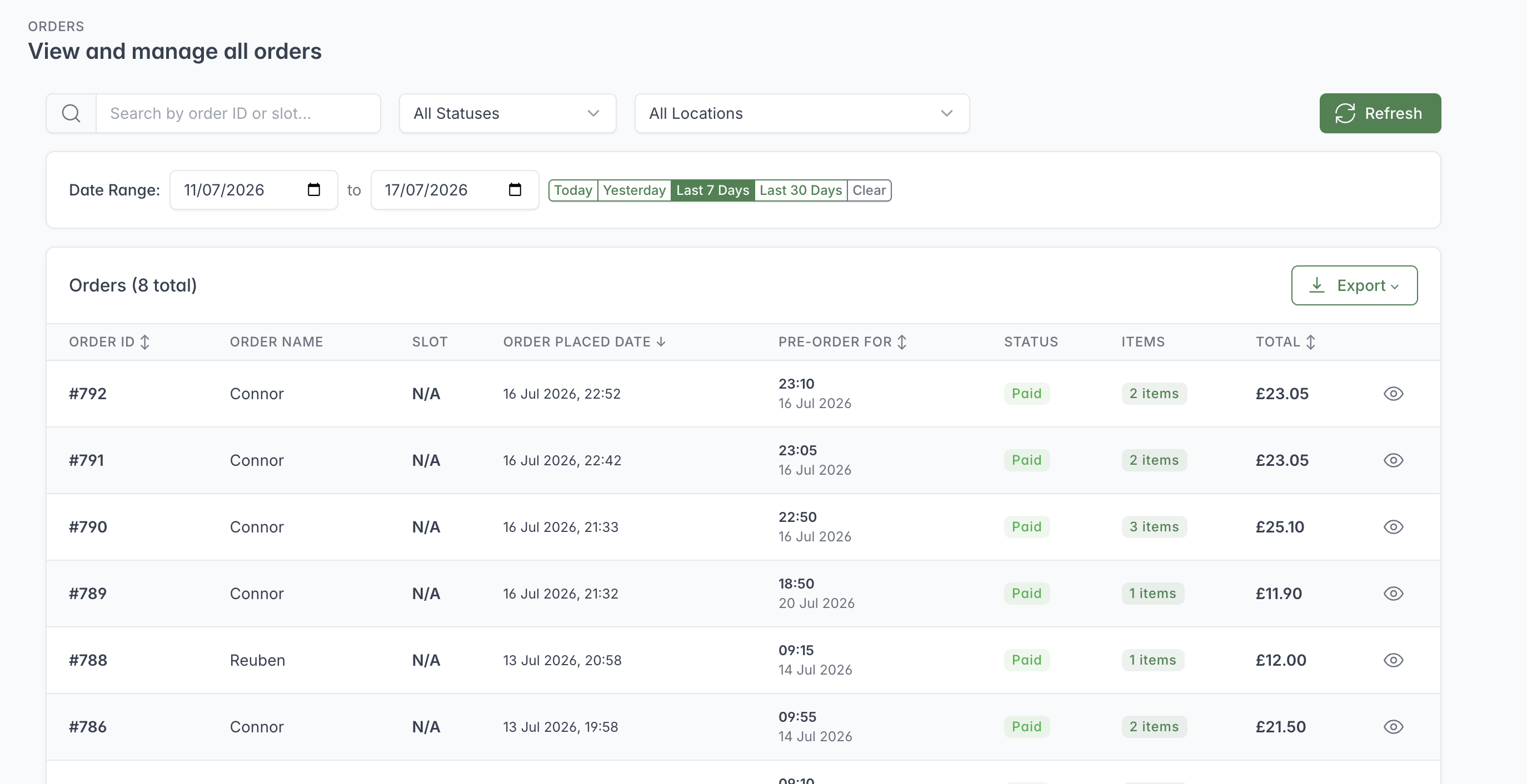 Orders page showing search, status, Location and date filters, the Export action and paid order rows.