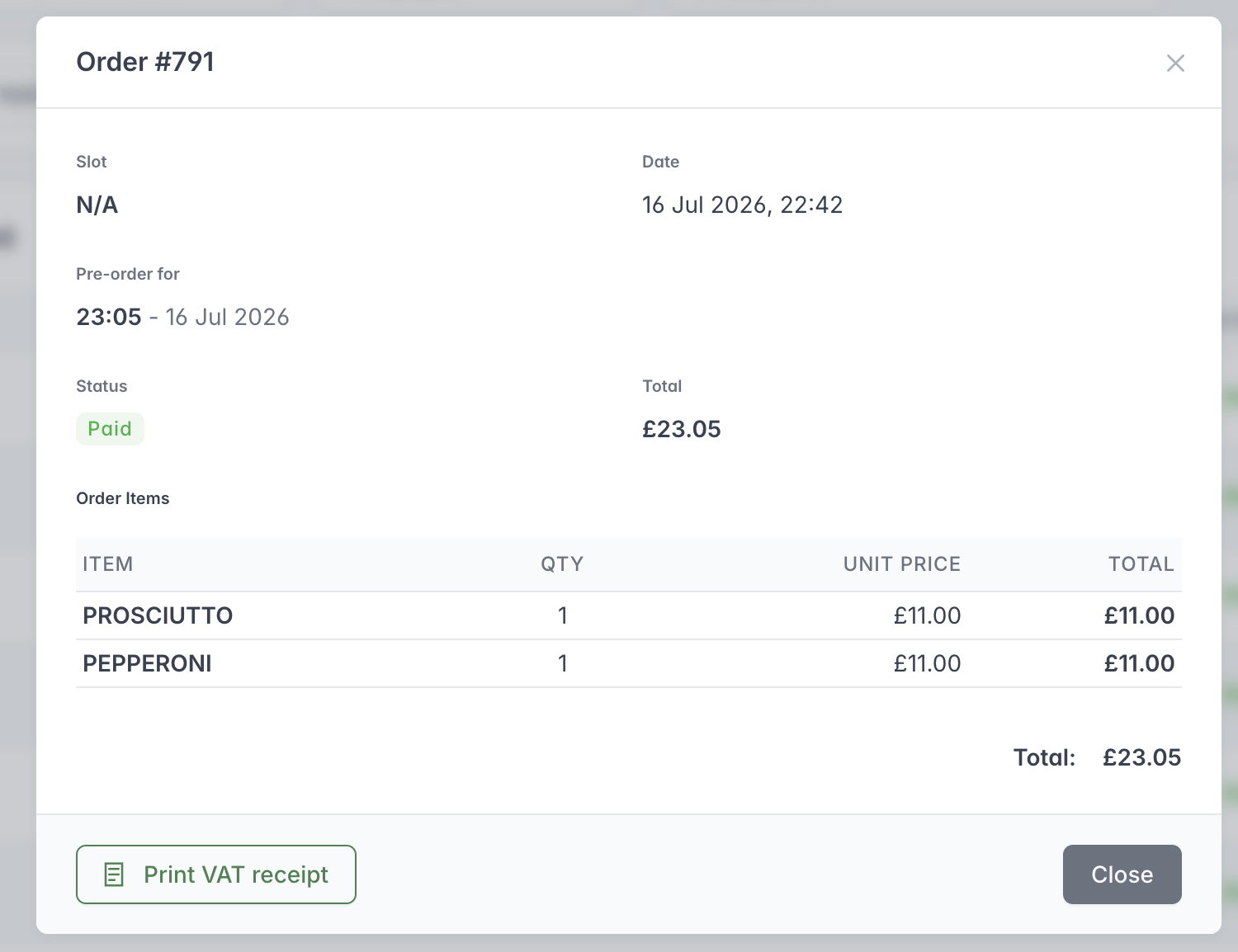 Order history details showing the order date, pre-order time, paid status, items, total and Print VAT receipt action.