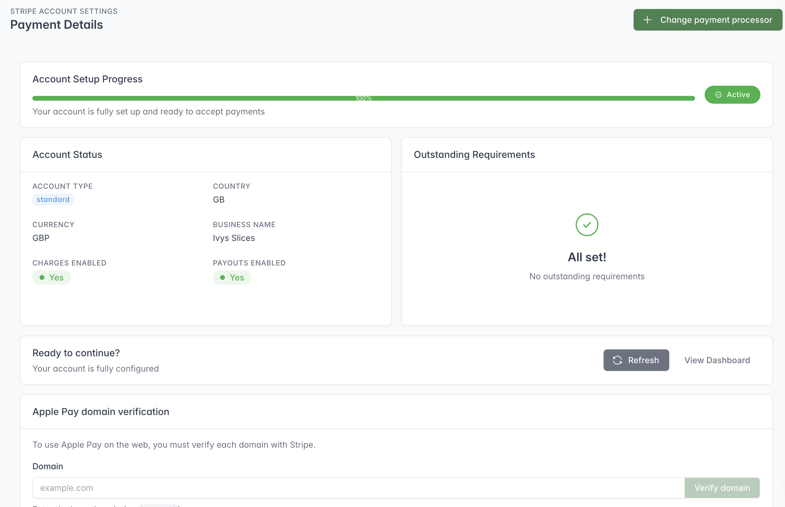 Stripe Account Settings showing completed setup progress, active charges and payouts, and no outstanding requirements.