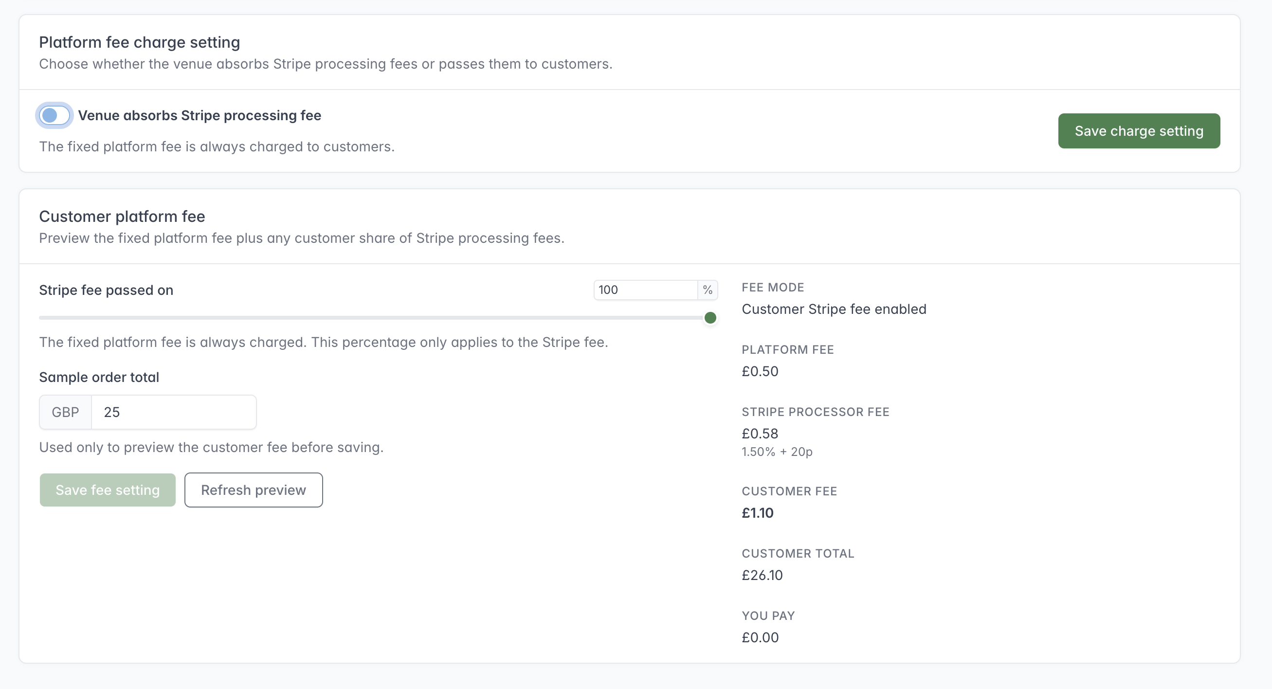Platform fee settings showing the Stripe processing-fee choice and a sample customer fee calculation.