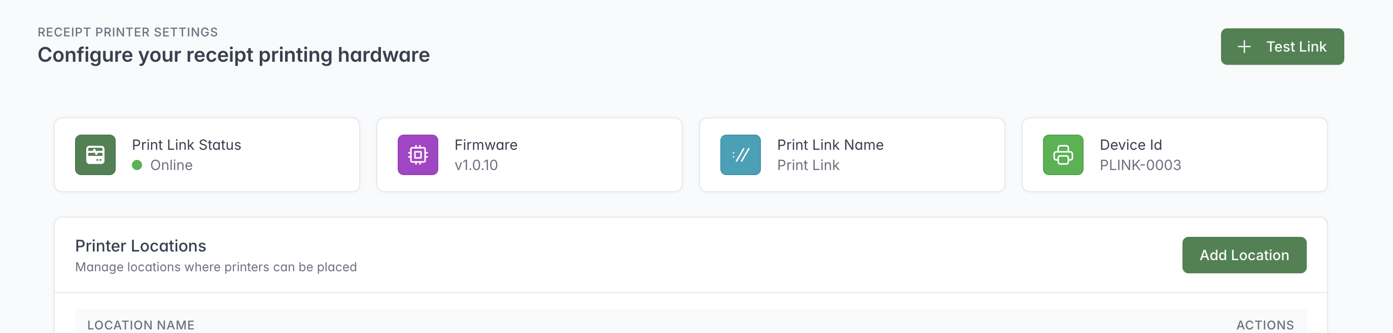 Receipt Printer Settings showing an online Print Link with its firmware version, name and device ID.
