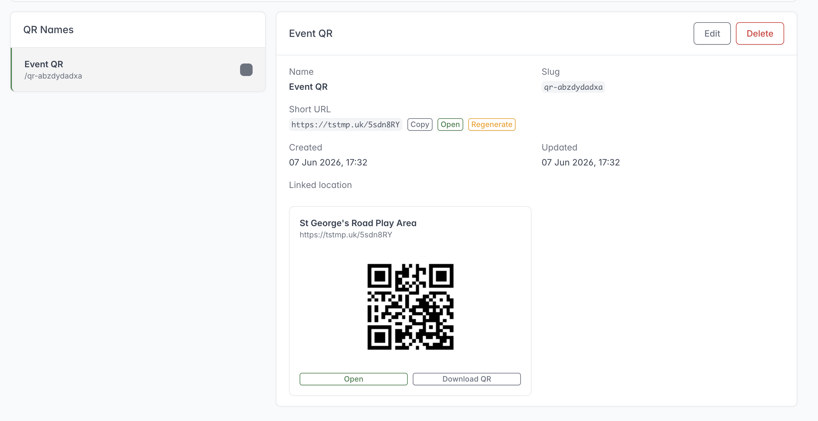 Event QR overview showing the QR list, selected name and slug, short URL, linked Location, QR code and management actions.