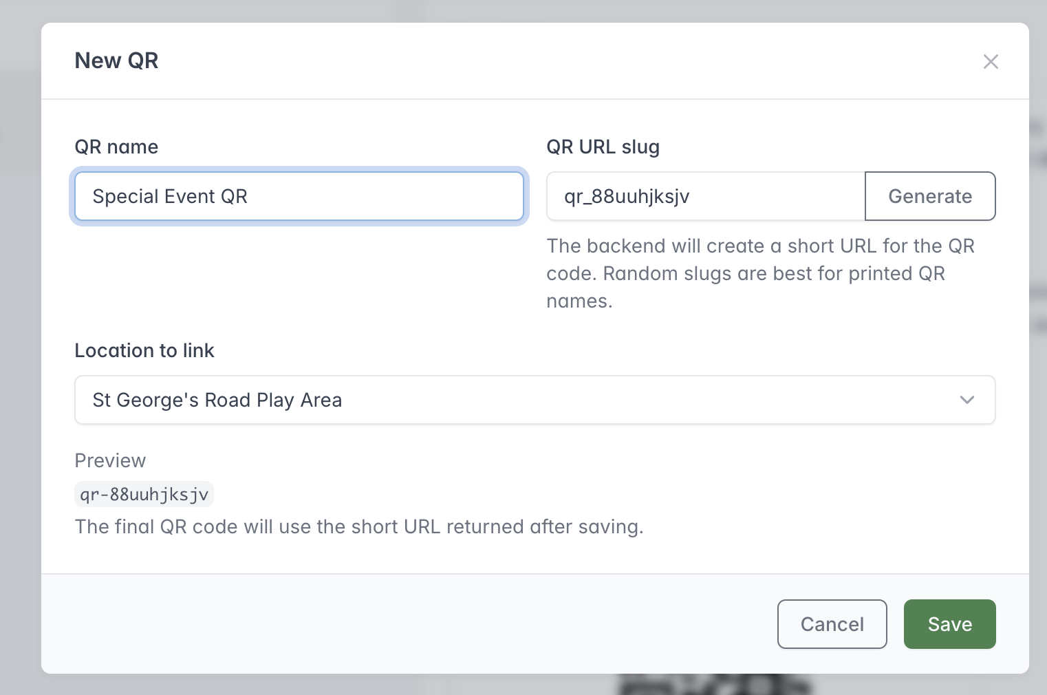 New QR window showing a QR name, generated URL slug, linked location and preview.
