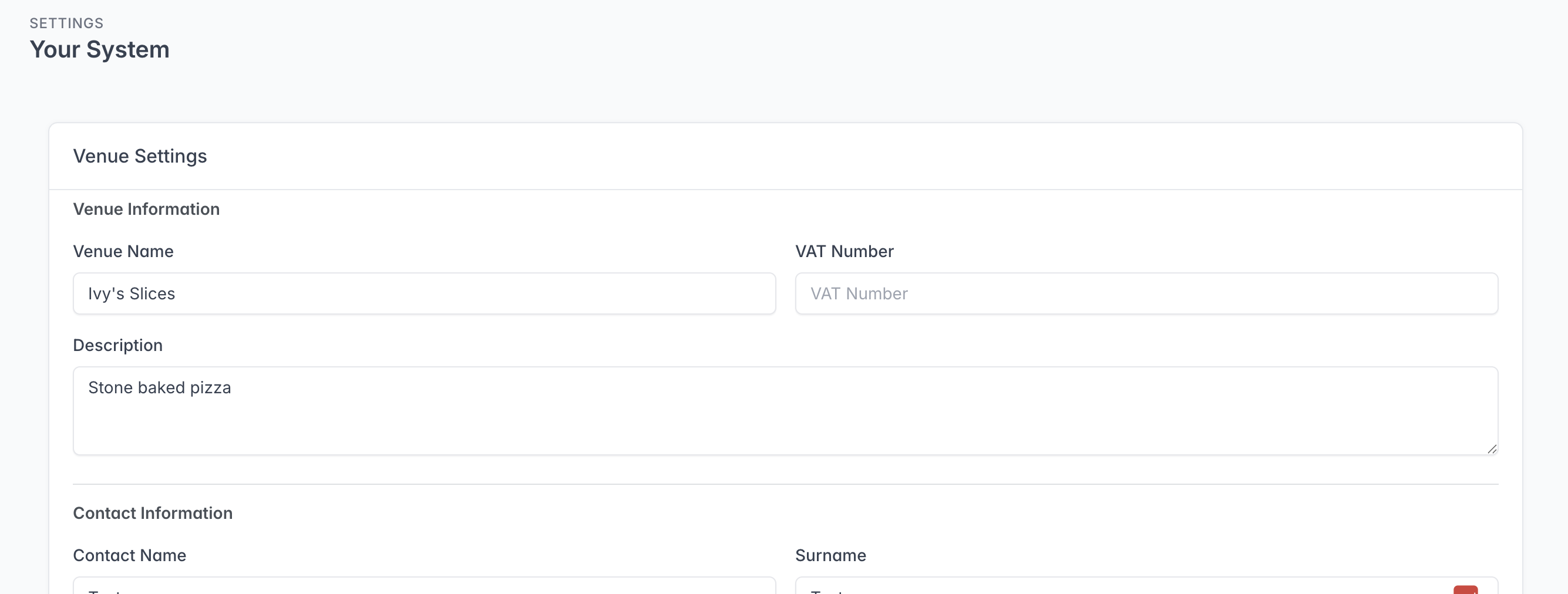 Venue Settings showing the Account description and contact information.