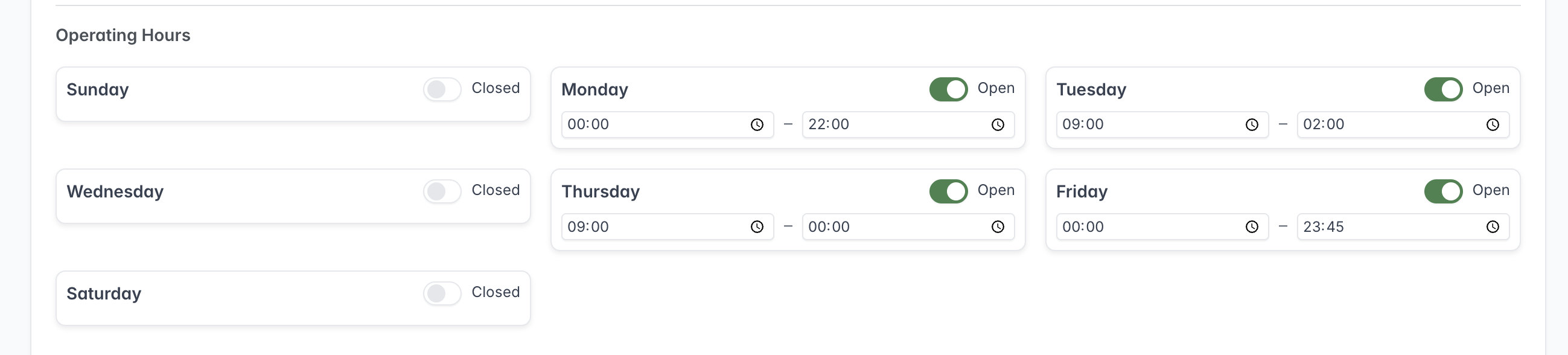 Operating Hours showing open and closed days with opening and closing times.
