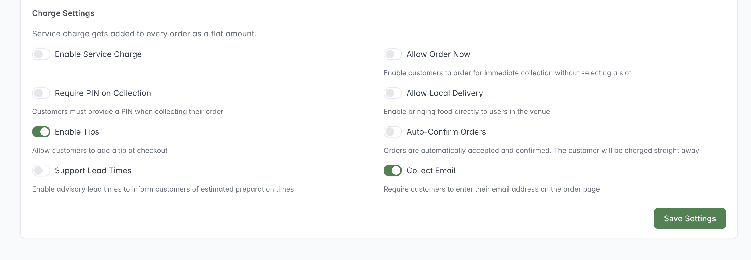 Charge Settings showing the Allow Order Now control and other order options.