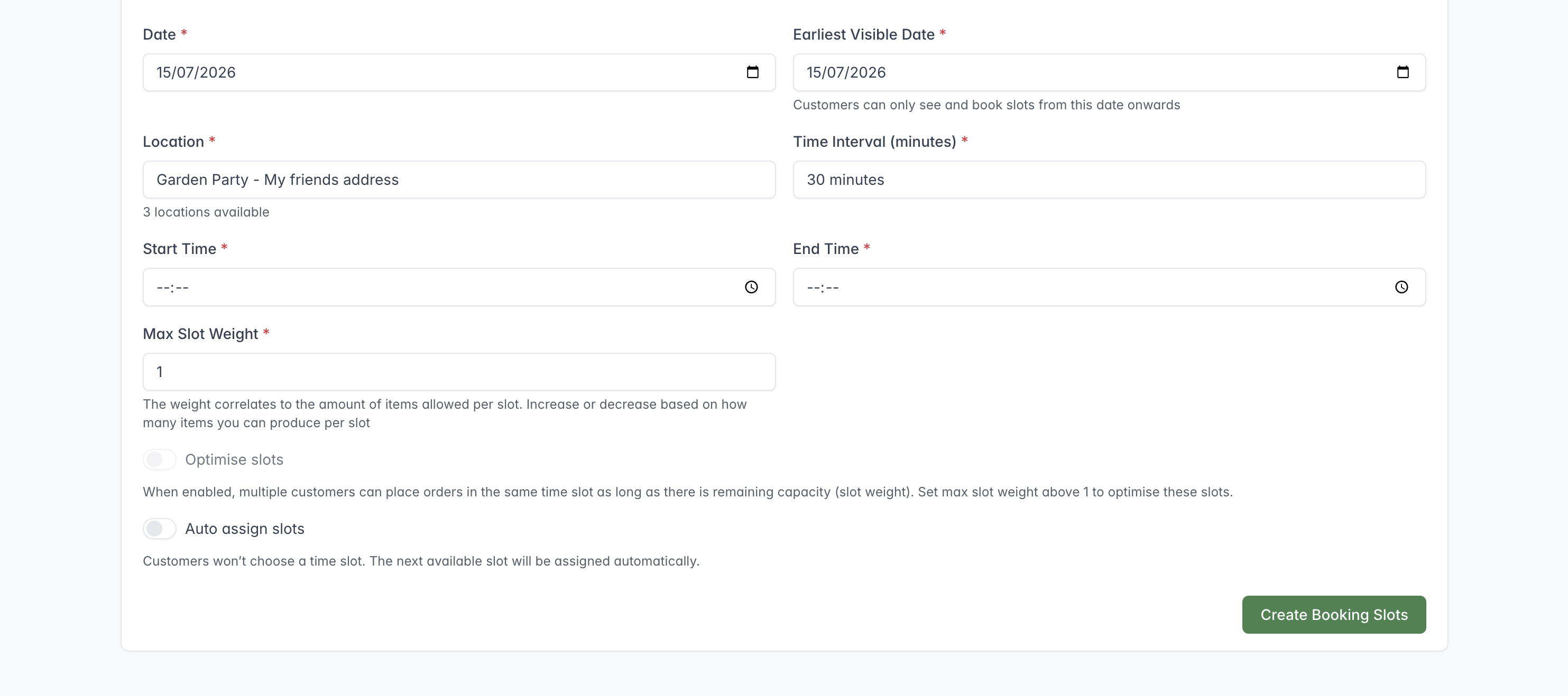 Create Booking Slots form showing the date, location, collection times, interval, capacity, and slot options.