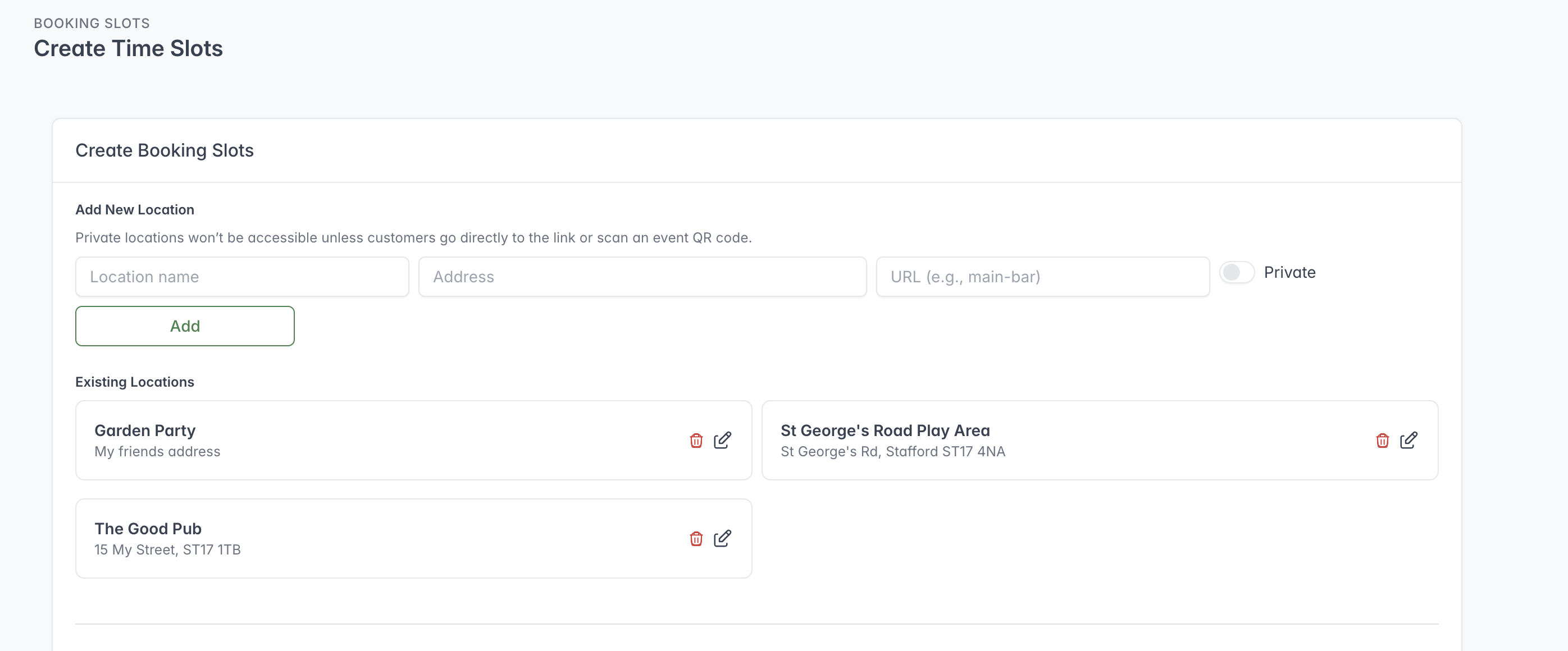 Booking Slots screen showing the fields for adding a location and a list of existing locations.