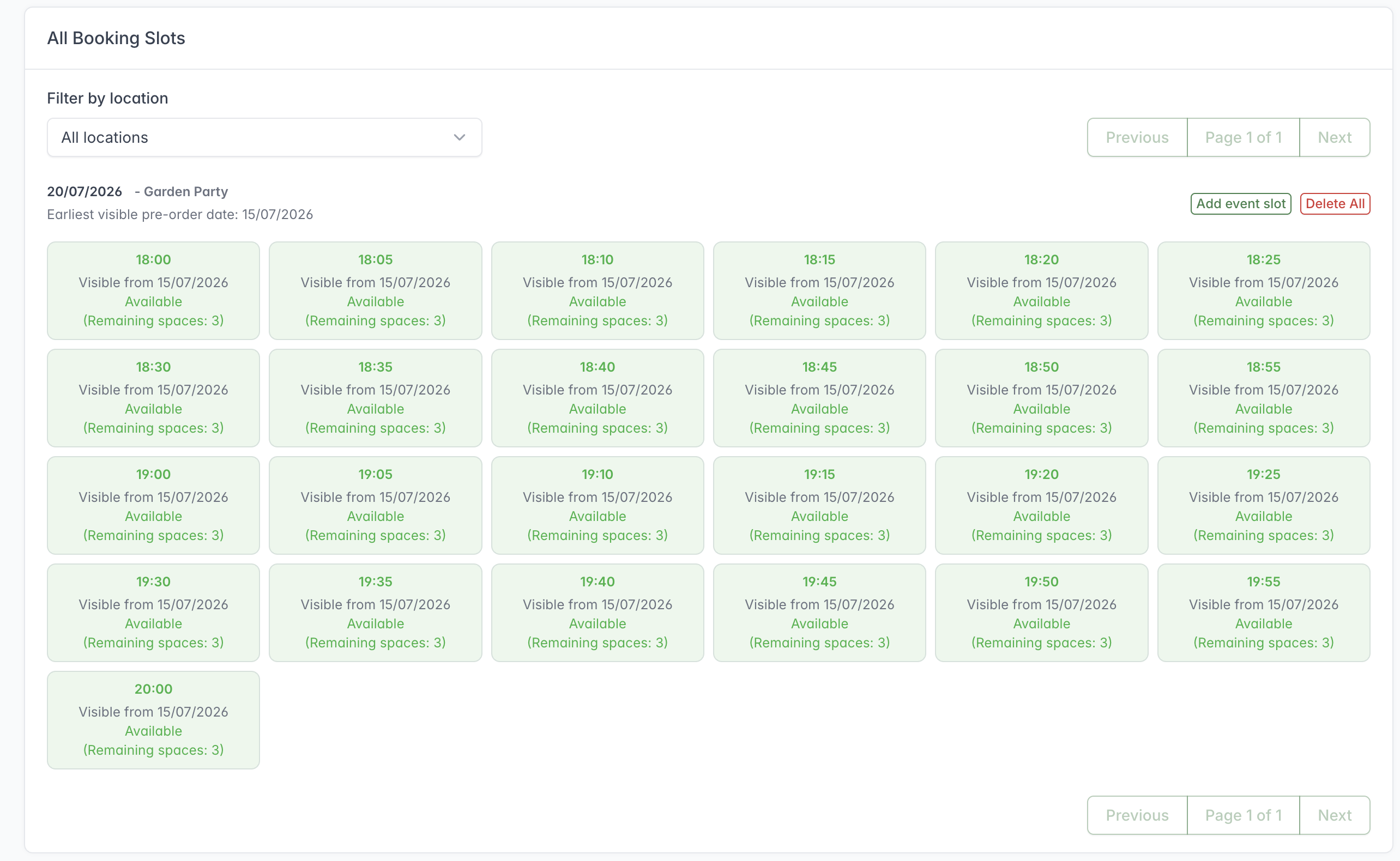 All Booking Slots showing collection times grouped by date and Location, with visibility dates and remaining capacity.