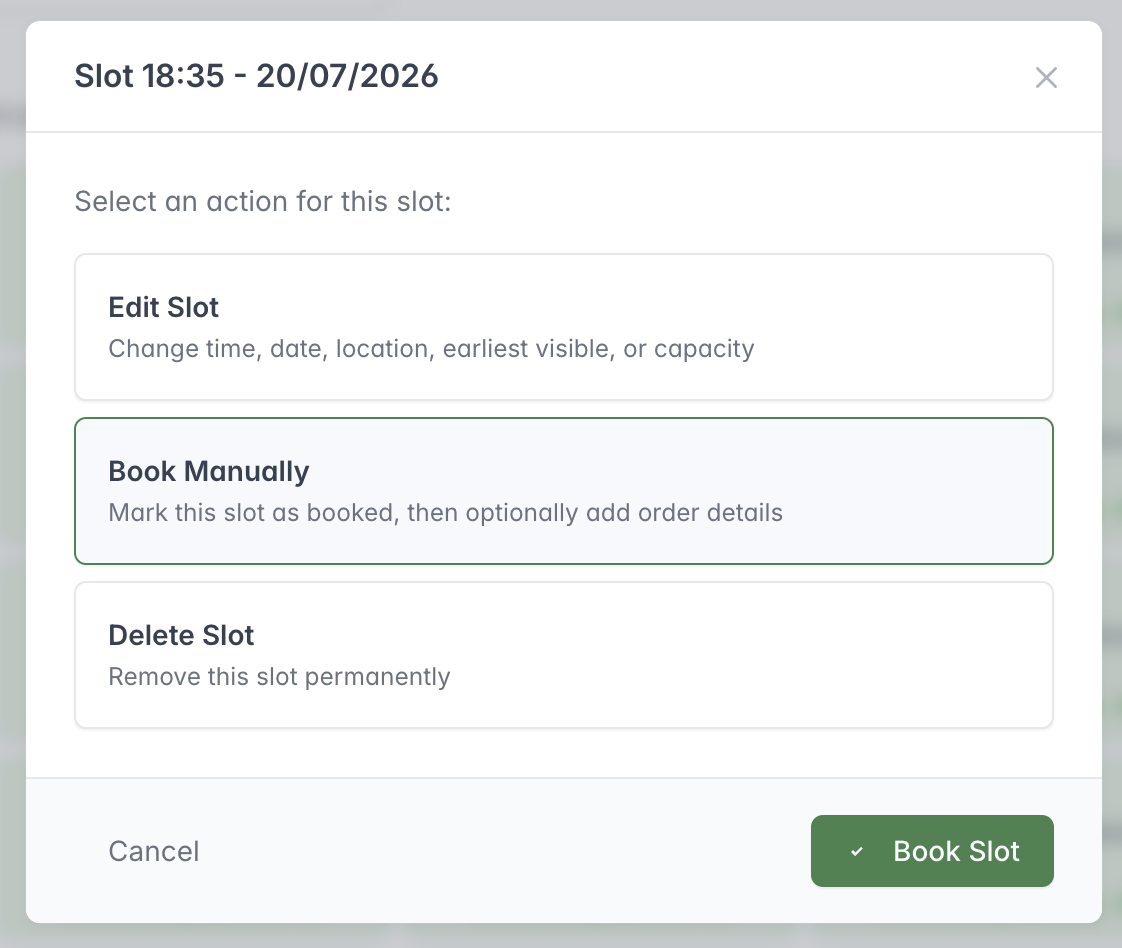 Collection slot actions offering Edit Slot, Book Manually and Delete Slot.