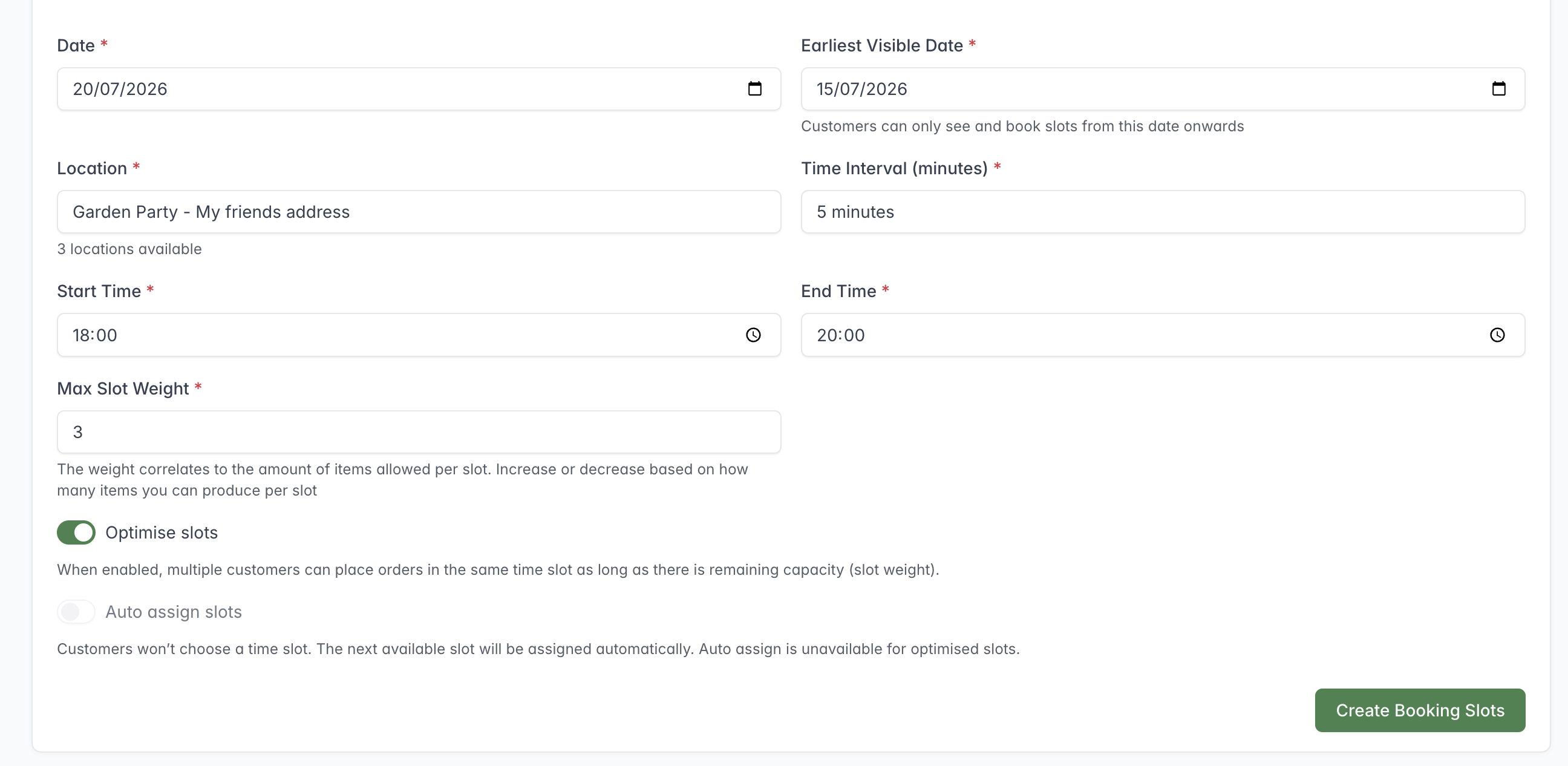 Collection slot form showing a maximum slot weight of three, Optimise slots enabled and Auto assign slots unavailable.