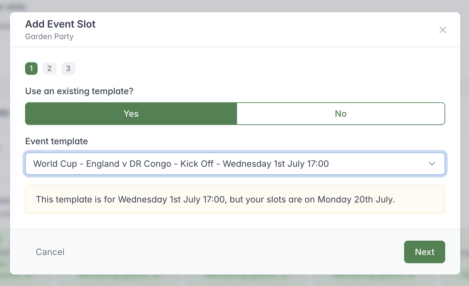 Add Event Slot window showing the option to use an existing event template.