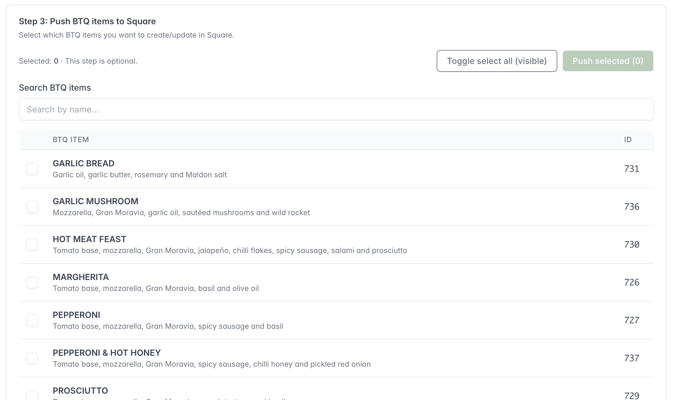 Square setup wizard showing Beat The Queue menu items that can be selected and pushed to Square.