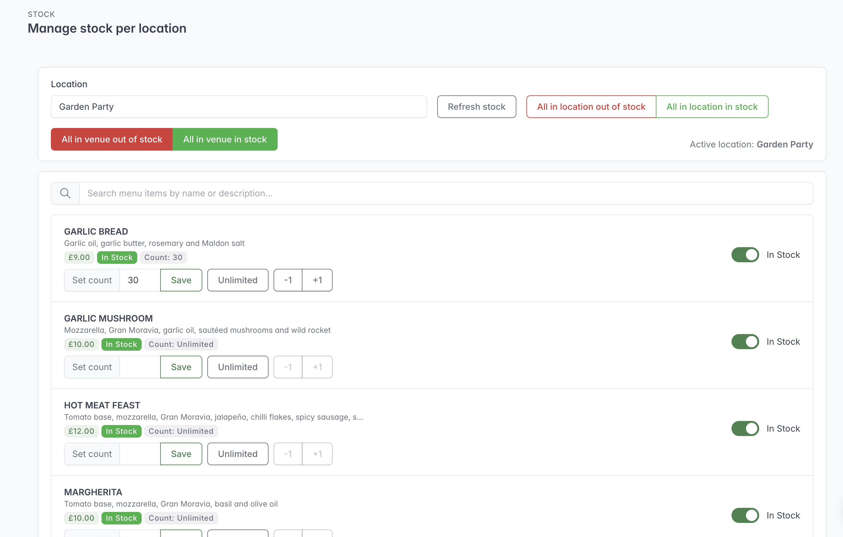 Stock page showing the selected location and item availability and count controls.