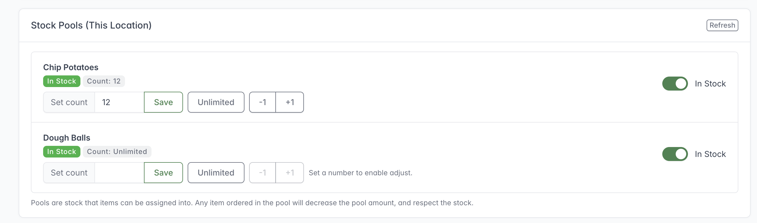 Stock Pools for the selected location showing limited and unlimited pools with availability controls.