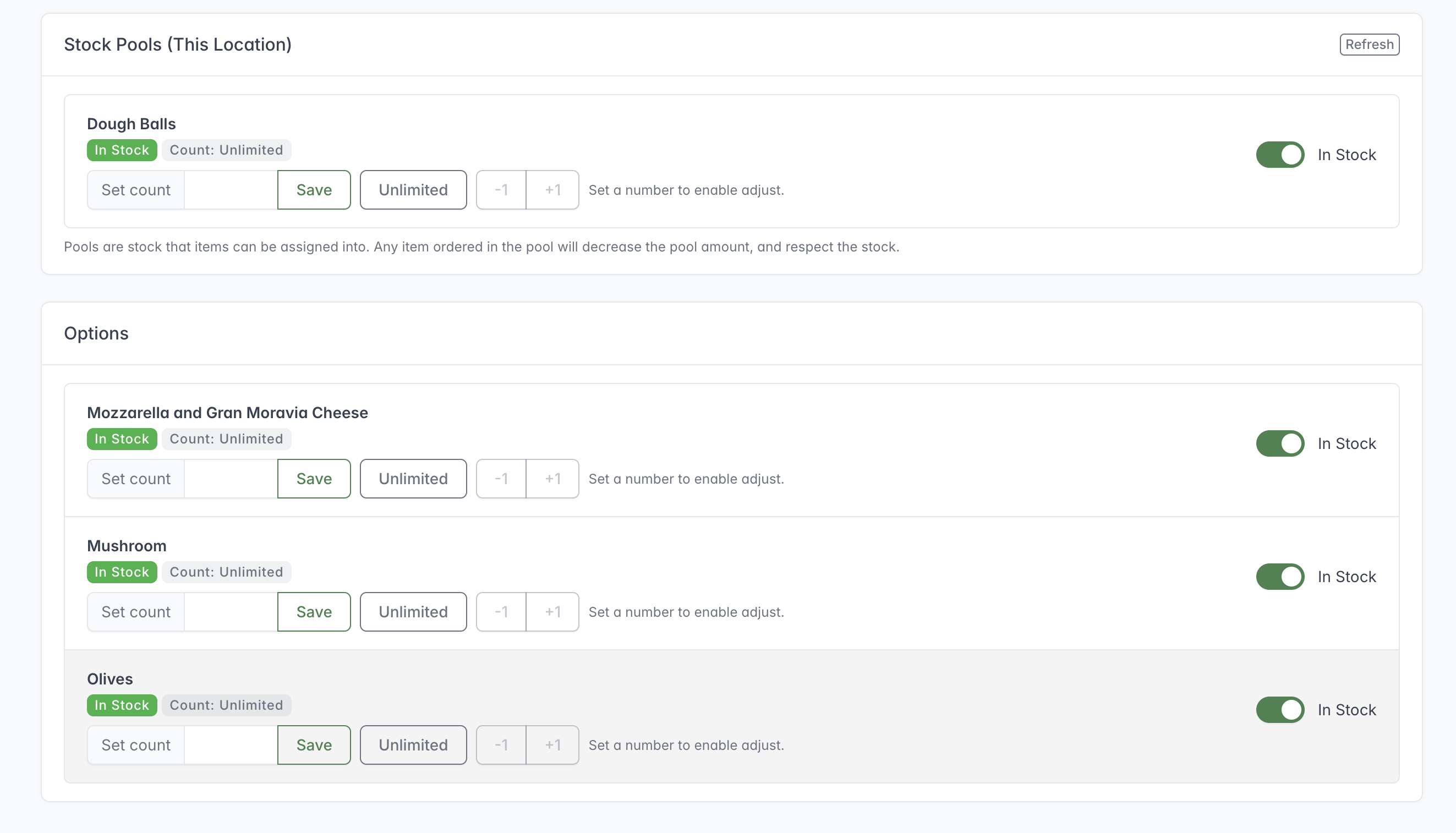 Stock page showing a stock pool and the availability and count controls for menu item options.